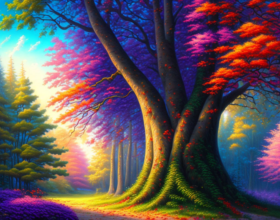 Colorful Forest Path with Luminous Foliage and Glowing Sky