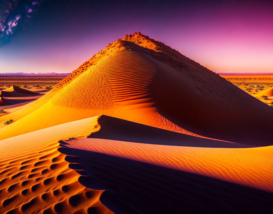 Desert landscape with large sand dune under gradient sunset sky