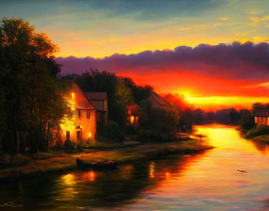 Tranquil sunset river scene with rowboat, glowing skies, and riverside houses