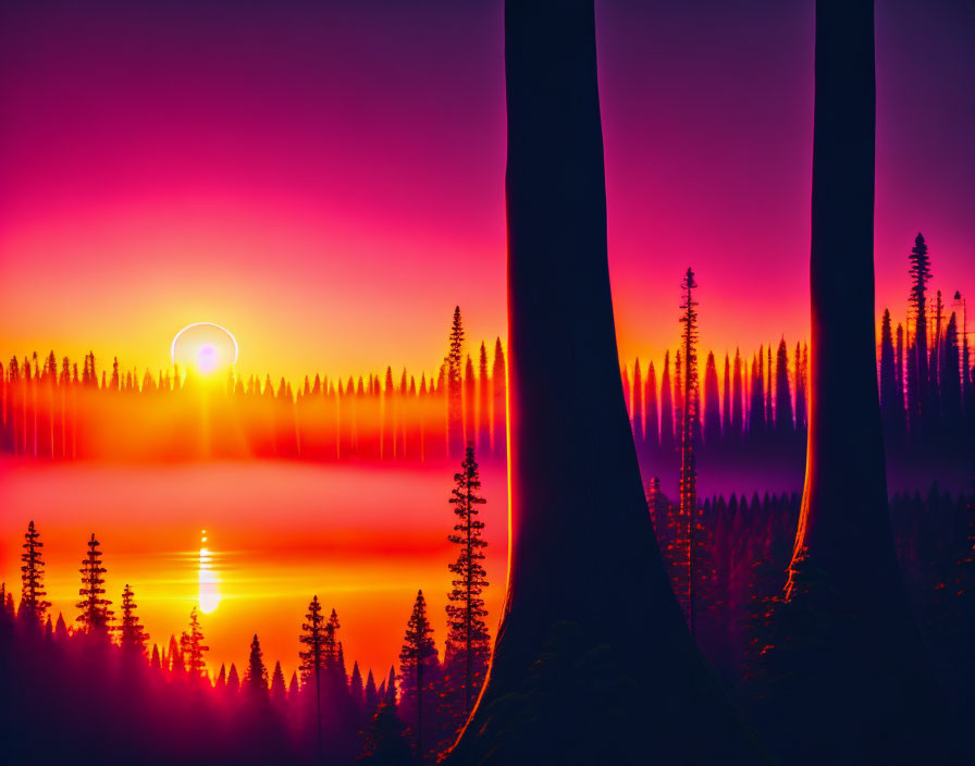 Vivid Sunset Over Pine Forest and Lake