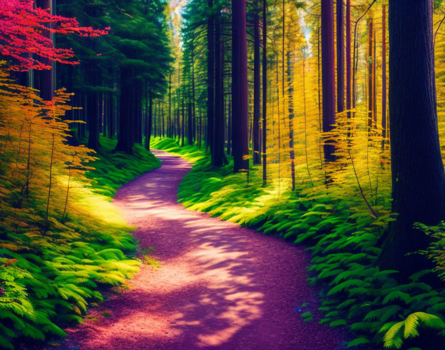 Vibrant forest path with sunlight filtering through tall trees