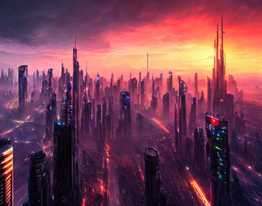 Vivid purple and red futuristic cityscape at dusk