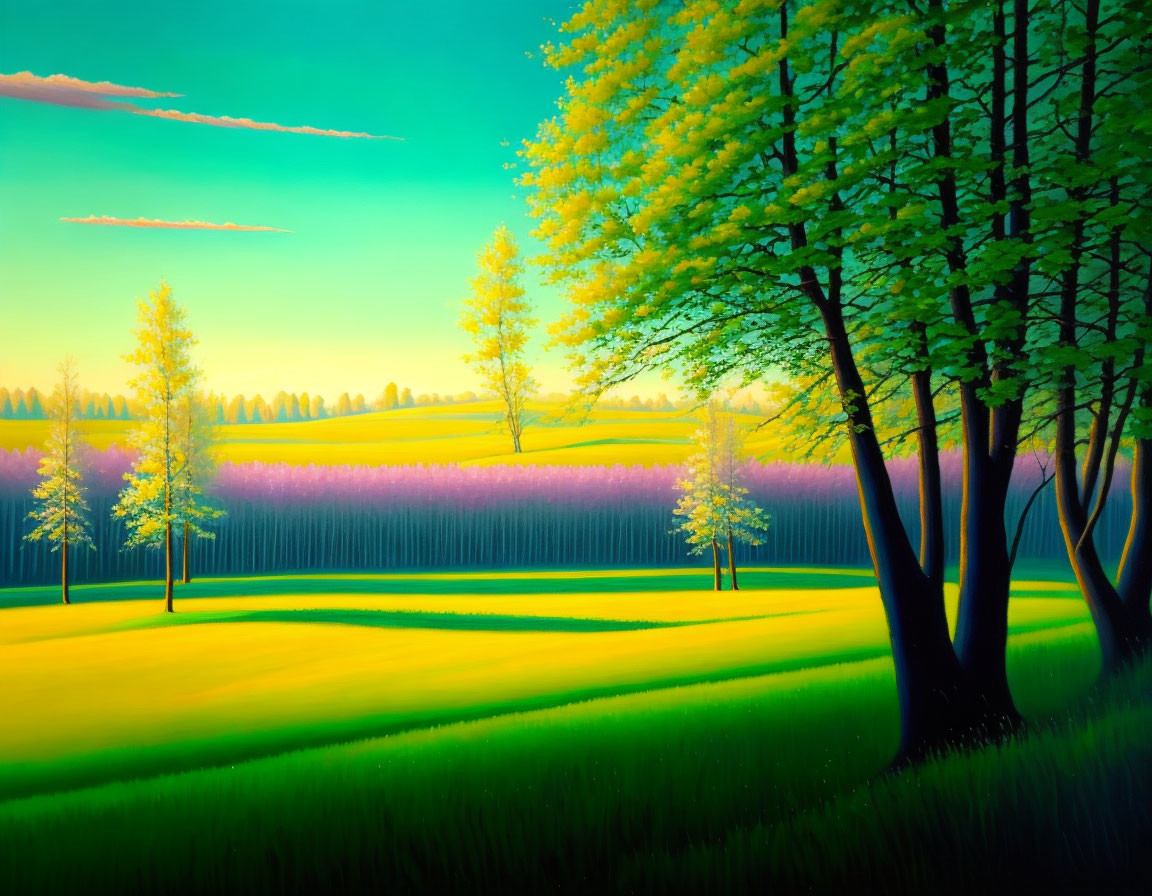 Colorful landscape painting: green trees, purple flowers, pastel sunrise sky