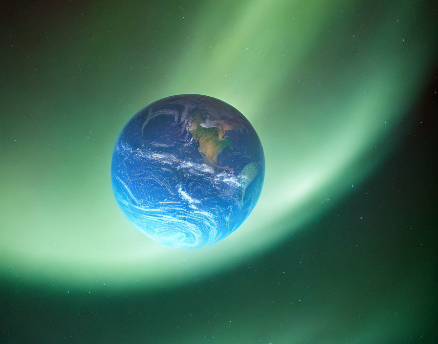 Planet Earth with visible continents and green aurora borealis in space.