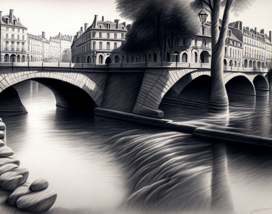 Serene Black and White Sketch of Arched Bridge and Riverside Scene