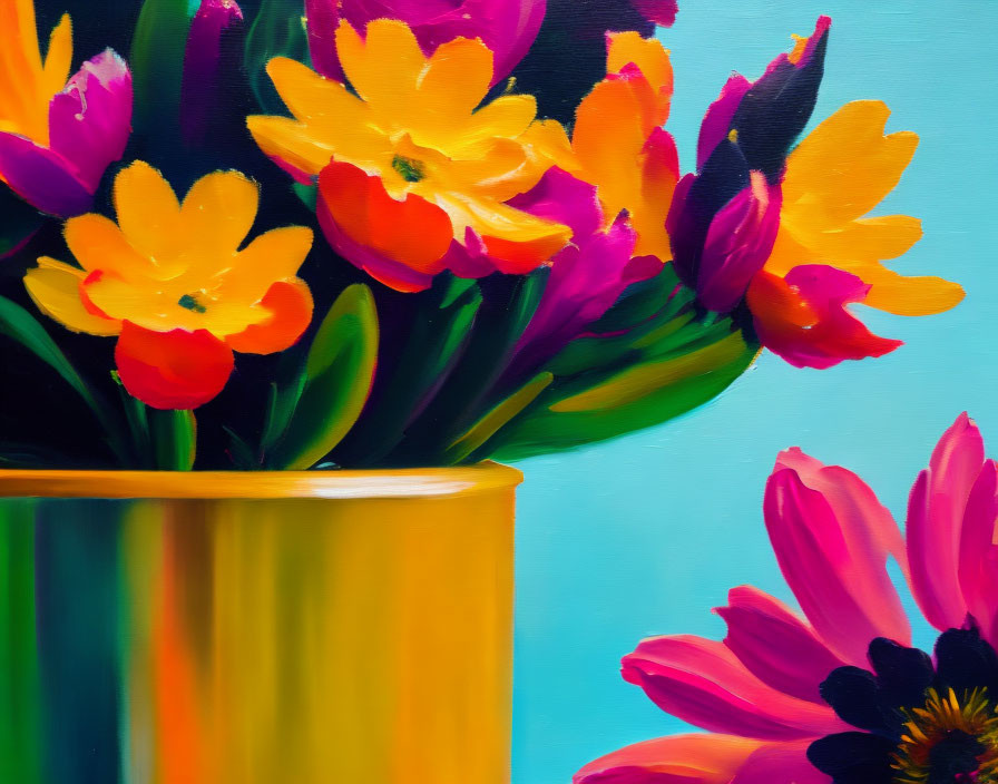 Colorful tulip painting with yellow and purple blooms in vase on blue background