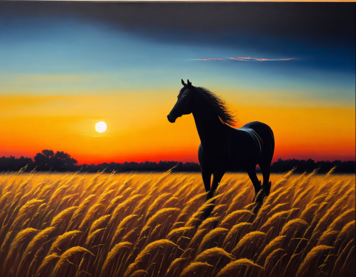 Silhouetted horse in golden field at sunset with orange and blue sky