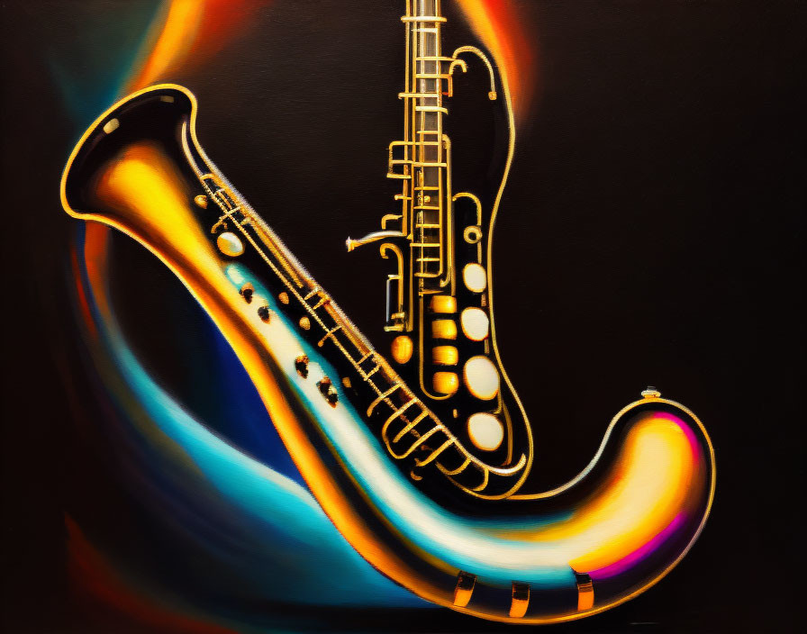 Colorful saxophone painting on dark background with flowing design.