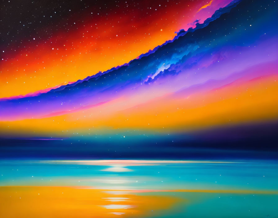 Colorful painting: Night sky & stars reflected in water