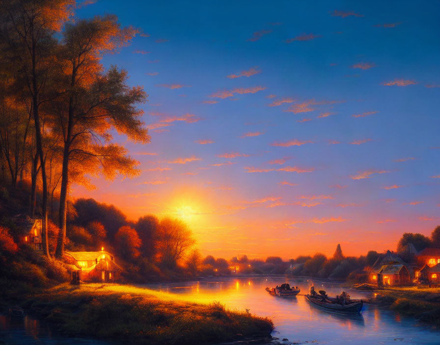 Tranquil riverside sunset scene with boats, trees, houses, and warm-hued sky.