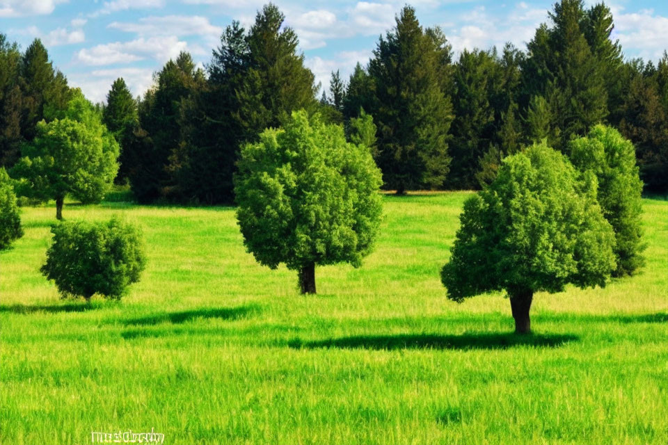 Serene landscape: green meadow, three trees, blue sky, clouds, forest.