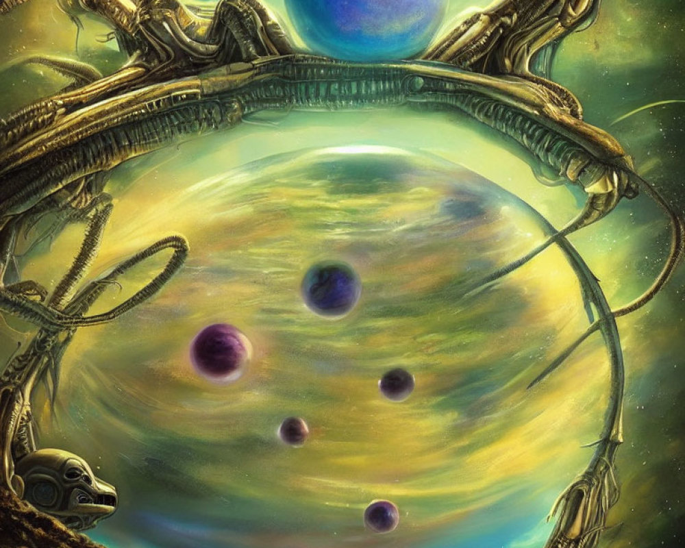 Cosmic Scene with Mechanical Alien Structures and Planets