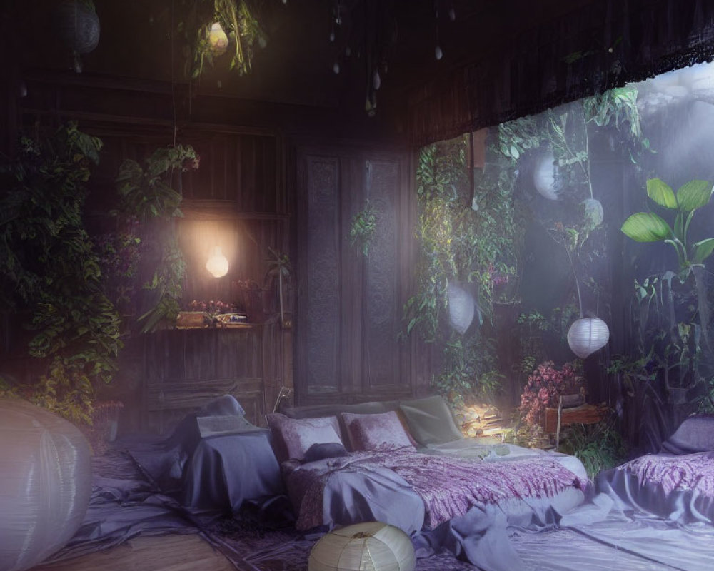 Plant-filled bedroom with hanging lanterns and cozy purple bedding