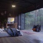 Plant-filled bedroom with hanging lanterns and cozy purple bedding