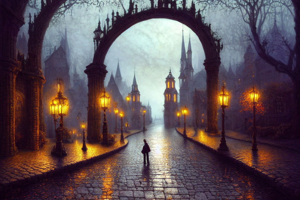 Person walking under archway on cobblestone path in mystical, gothic setting