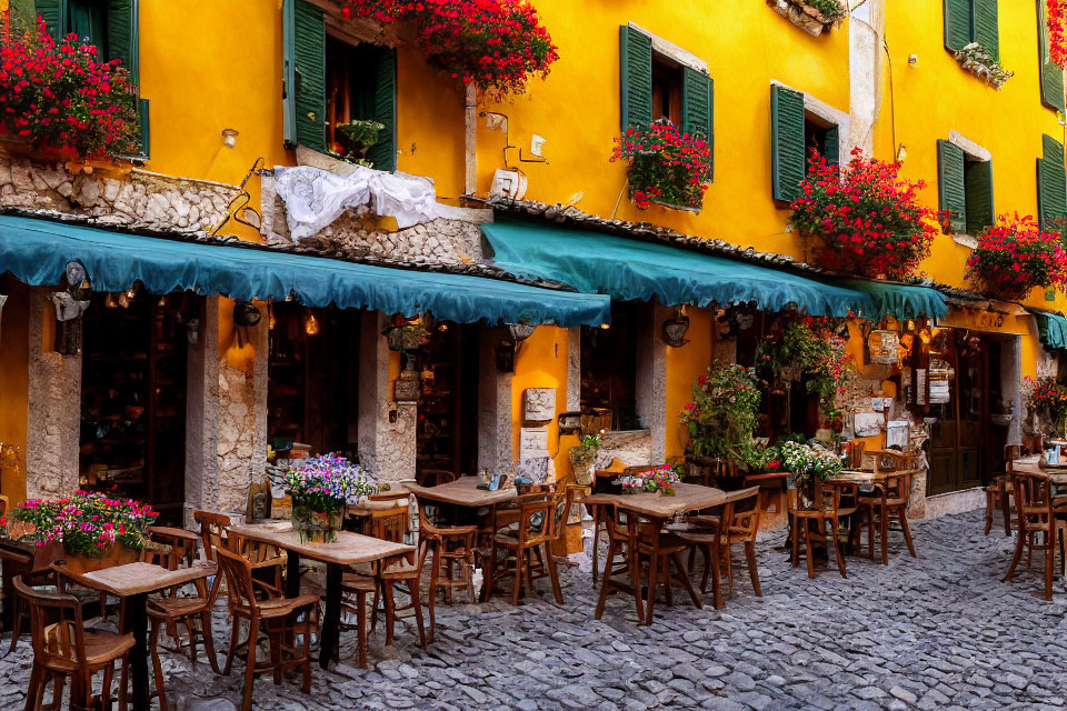 Charming European Street Cafe with Wooden Tables and Vibrant Decor