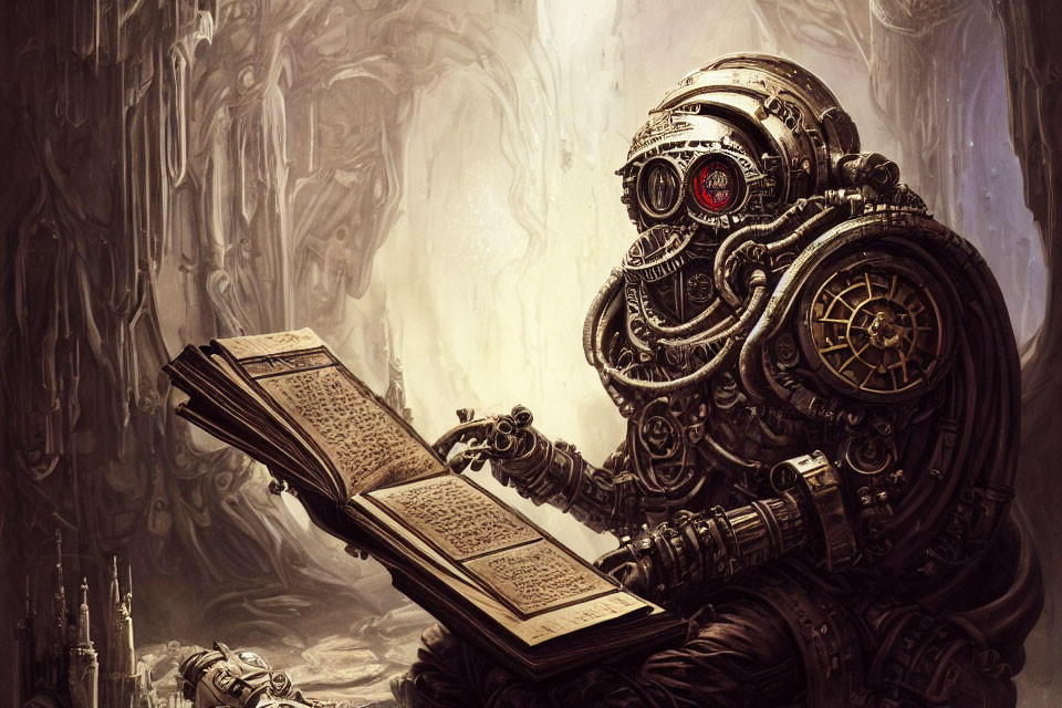 Steampunk-style robot with gears and red eye reading in cavernous space