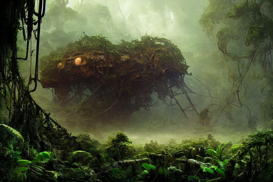 Abandoned overgrown mech in lush jungle landscape