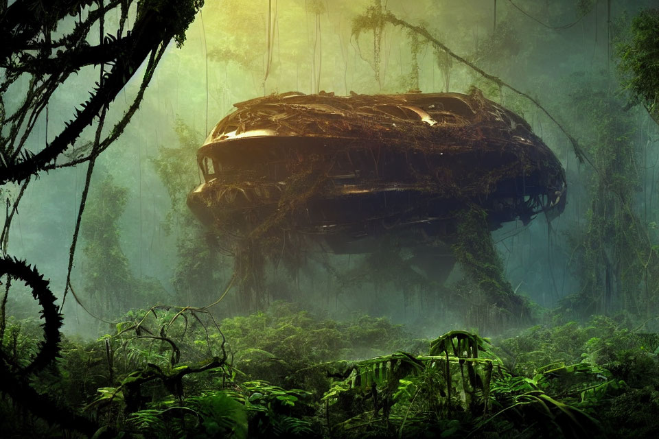 Abandoned spaceship engulfed by jungle foliage