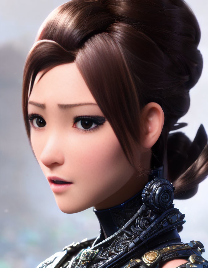 Close-Up of 3D-Animated Female Character with Brown Hair and Mechanical Armor