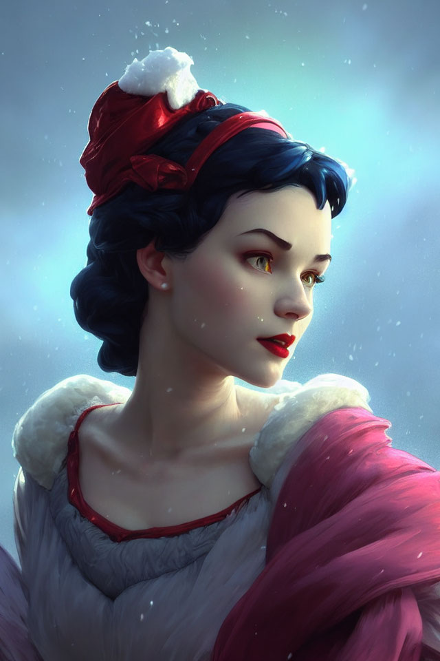 Snow White illustration with black hair, red lips, fair skin, red headband, snowfall.