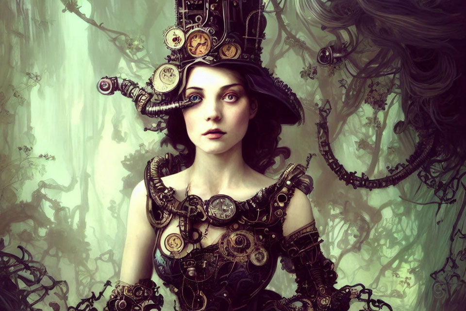 Steampunk-inspired woman with gear-adorned hat in mystical forest.