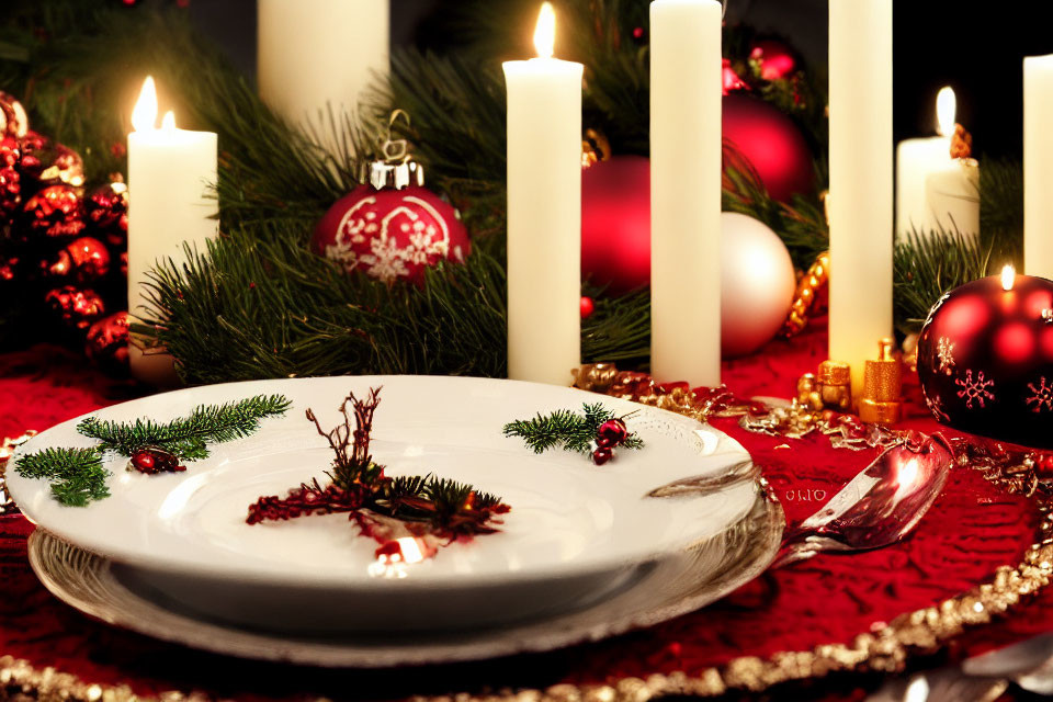 Festive table setting with white plate, pine twigs, berries, candles, and holiday decor