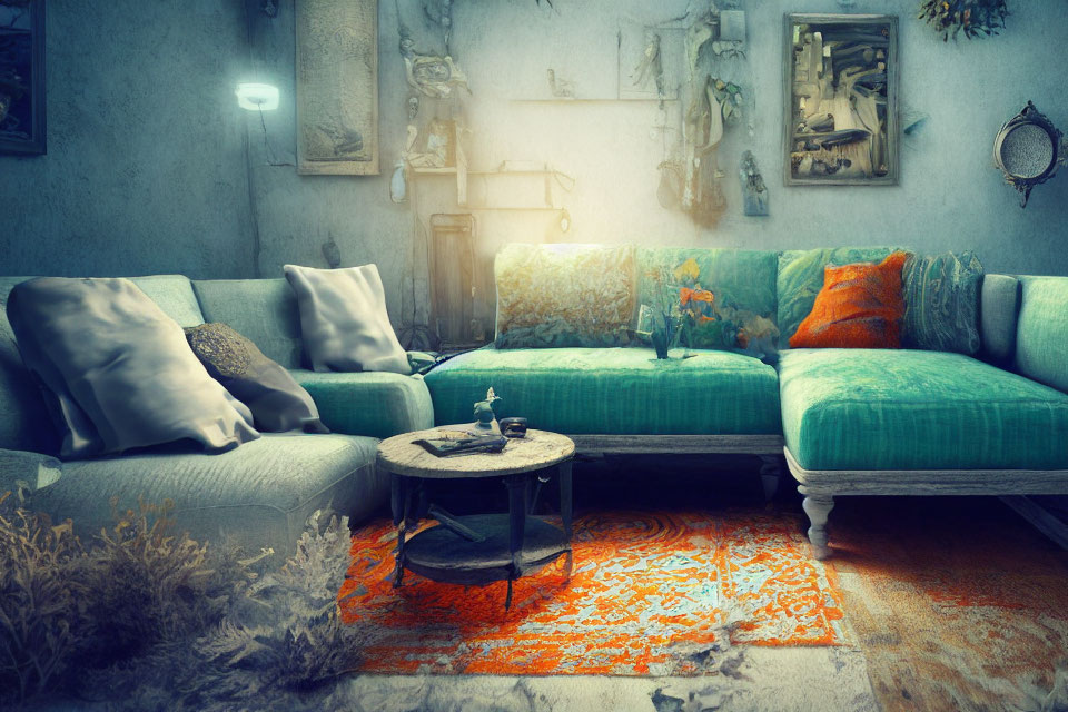 Cozy Vintage Living Room with Teal Sofa & Eclectic Decor