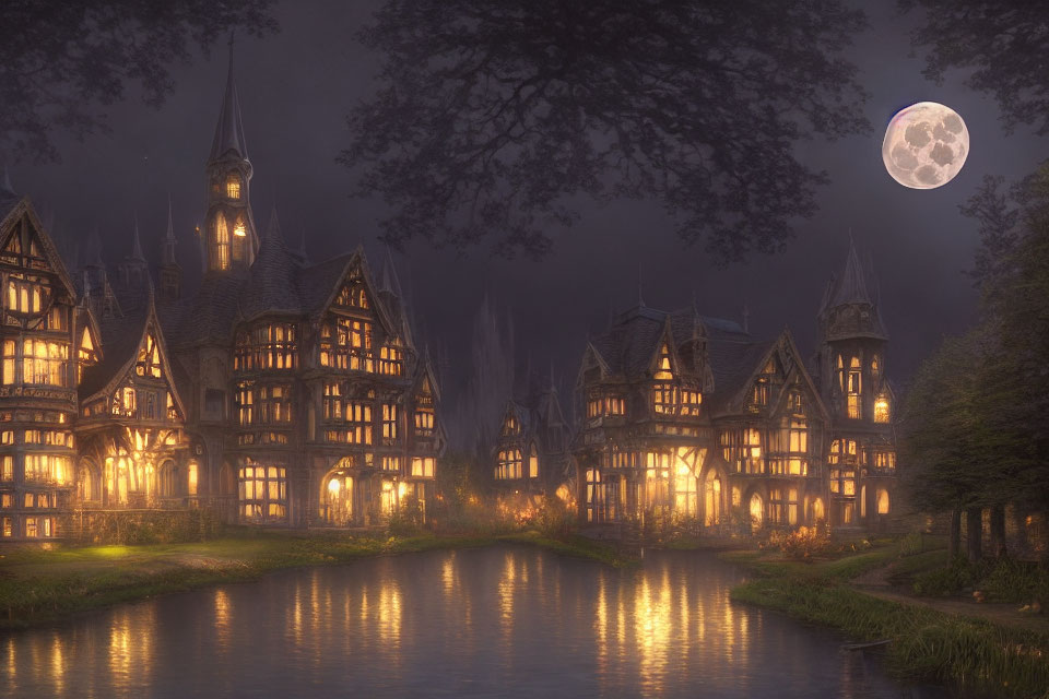 Gothic-style manor under full moon in mystical twilight