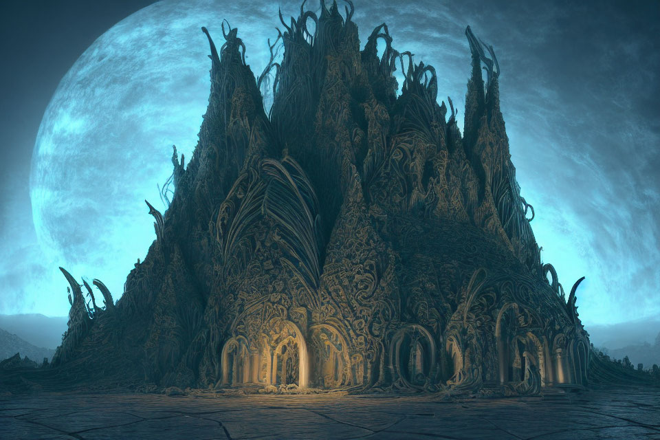 Mystical ornate structure under large moon in eerie landscape