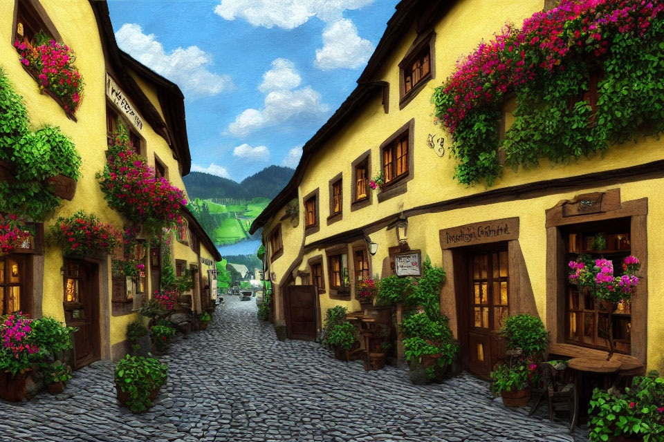 Vibrant cobblestone street with colorful buildings and lush plants