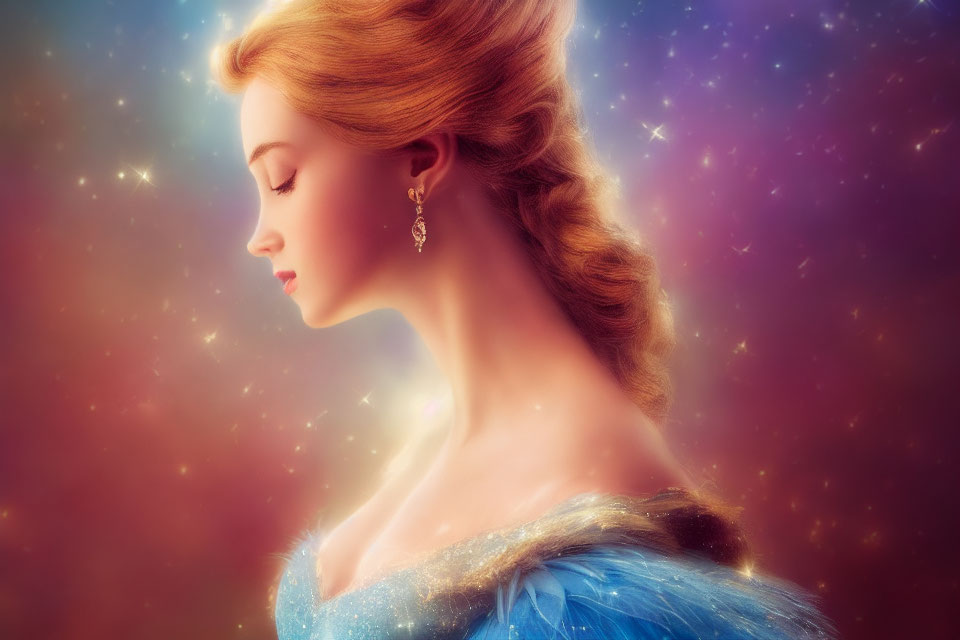 Woman with Golden Hair in Blue Dress on Starry Background