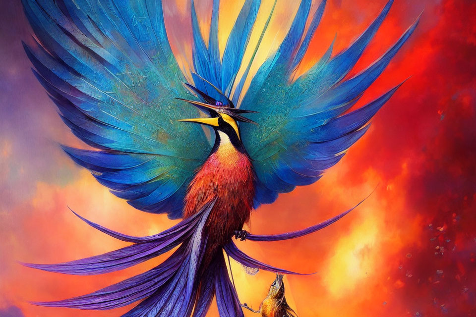 Colorful digital artwork: fantastical bird with vibrant blue and orange feathers perched on branch