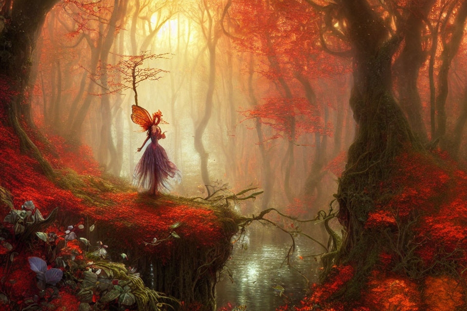 Mystical autumn forest with red foliage and fairy on tree trunk