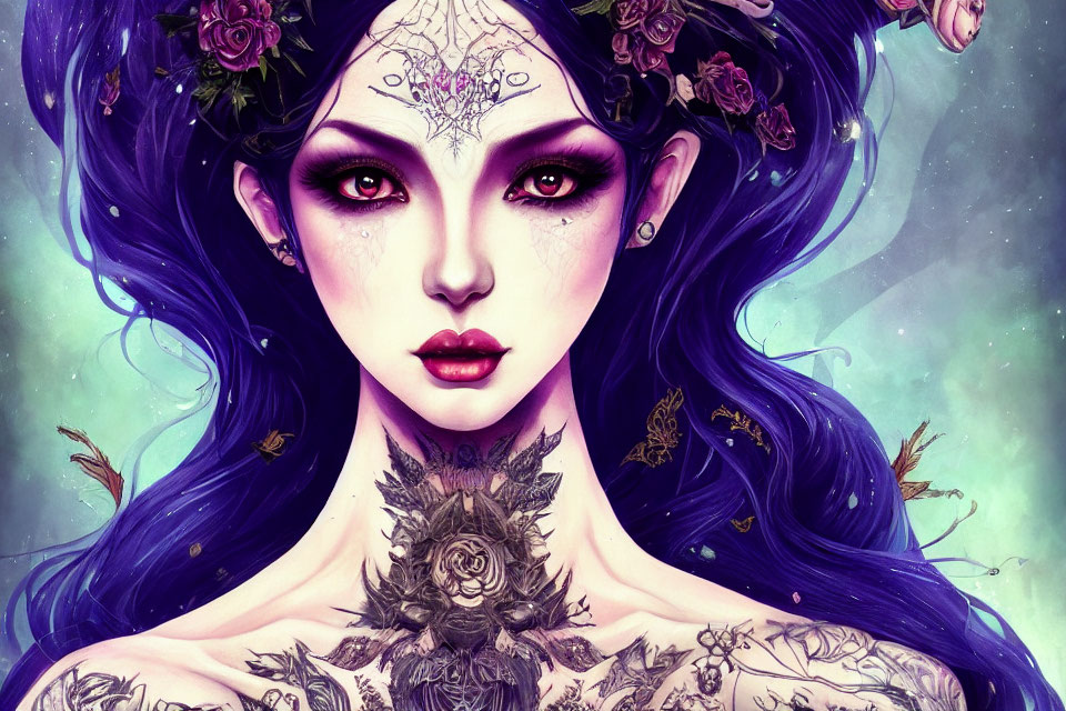 Purple-haired woman with tattoos and mystical aura in starry setting