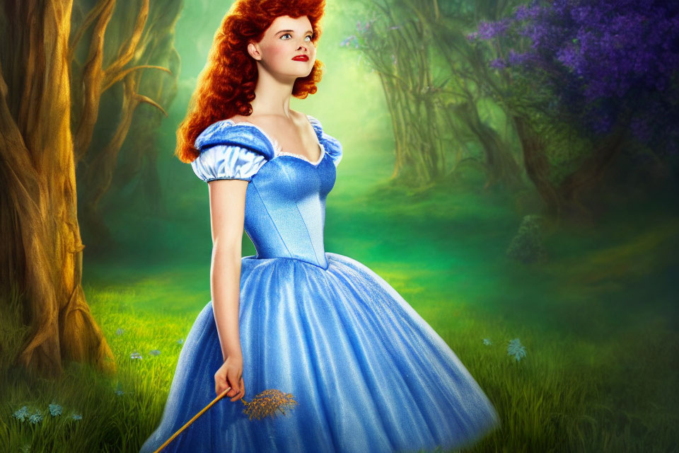 Red-haired woman in blue dress with dandelion in whimsical forest