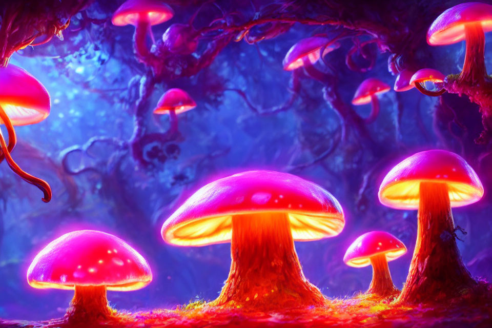 Enchanted forest with glowing purple and pink mushrooms under twisted dark trees