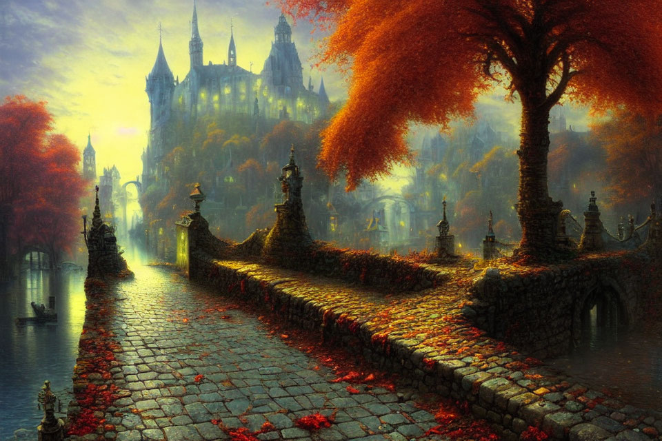 Cobblestone bridge with statues leading to gothic castle in autumn landscape