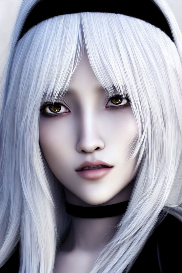 Character with Long White Hair and Golden Eyes in Black Choker