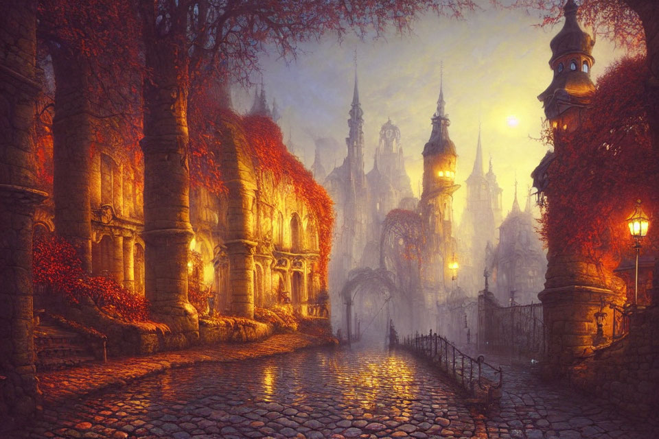 Vintage street lamps light ivy-covered cobblestone street to misty castle