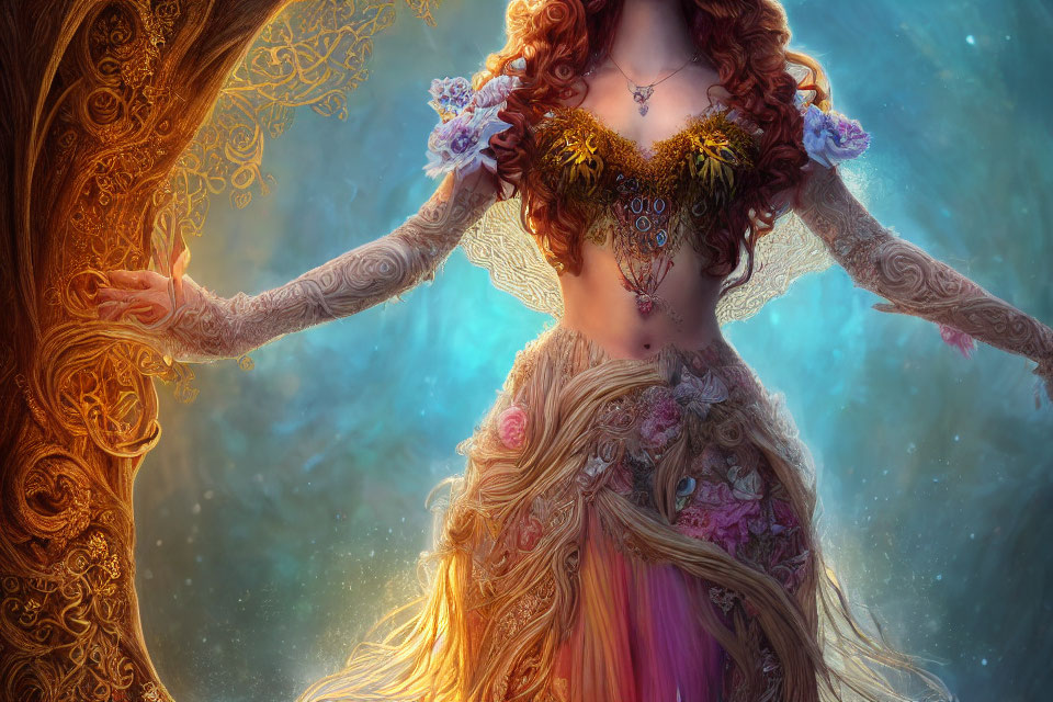 Mystical woman in flowing gown amidst colorful backdrop