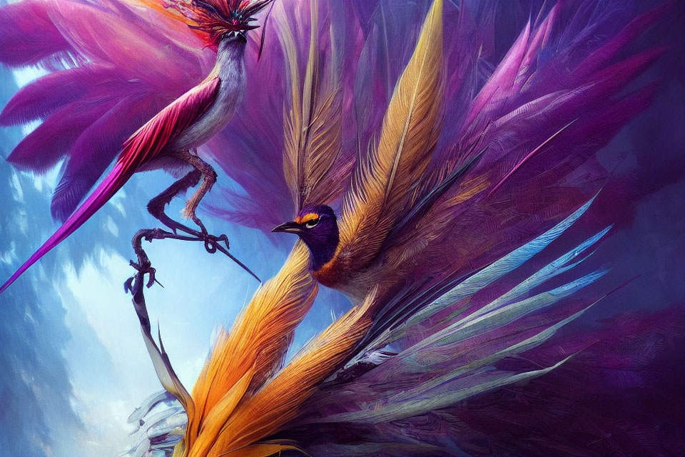 Colorful digital artwork featuring stylized birds with vibrant plumage on dynamic background