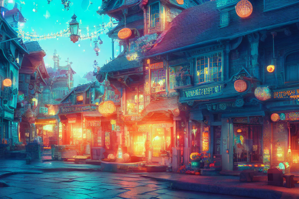 Fantasy street scene at dusk with glowing lanterns and cozy shopfronts