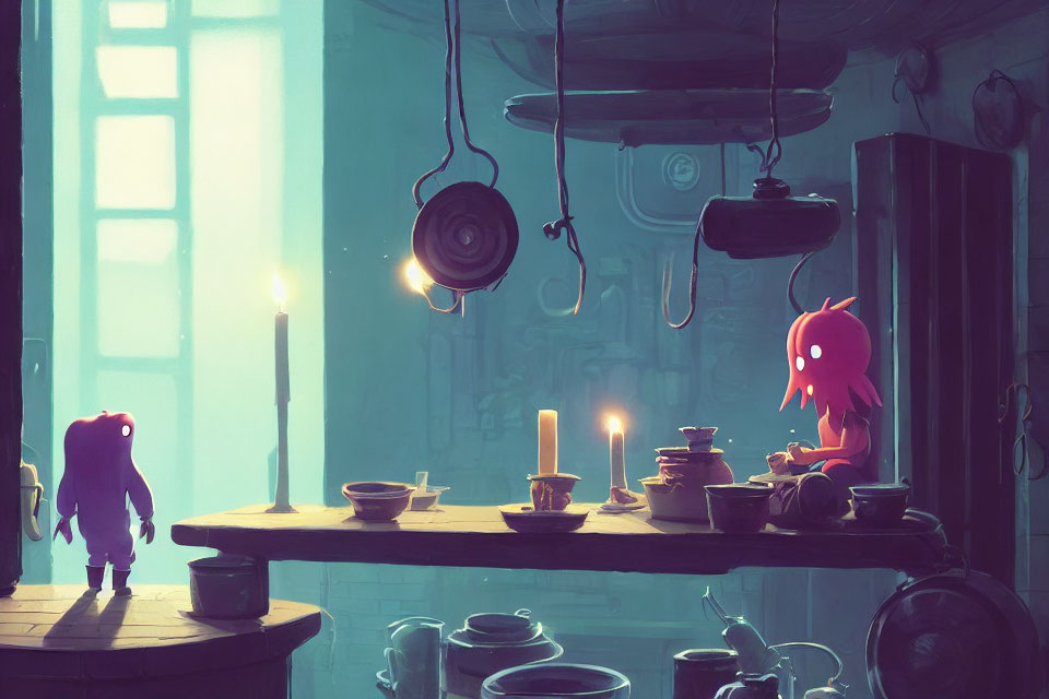 Whimsical interior with octopus-like creatures at cluttered table