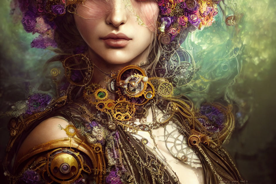 Woman adorned with mechanized elements and purple flowers blending nature and steampunk styles.