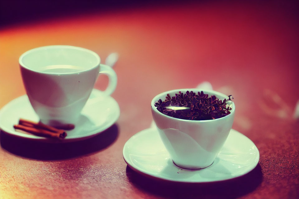 White Cups on Saucers with Cloves and Cinnamon Sticks in Warm Setting