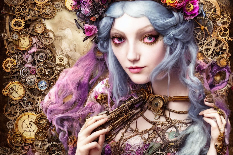 Steampunk-themed illustration of woman with pastel hair and gear-adorned gun among cogs