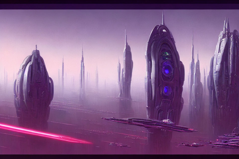 Futuristic purple-hued cityscape with neon lights and reflective surface