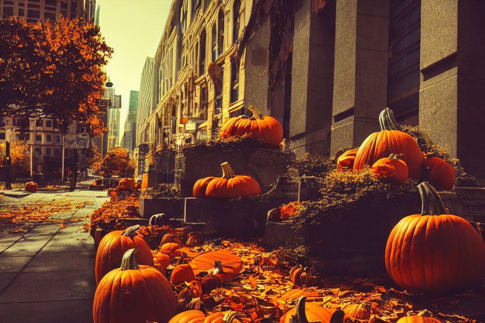 City street decorated with pumpkins and autumn leaves under a warm golden light.