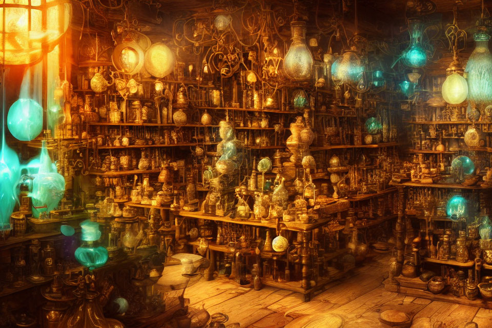 Mystical room with potions, orbs, and artifacts in warm magical glow